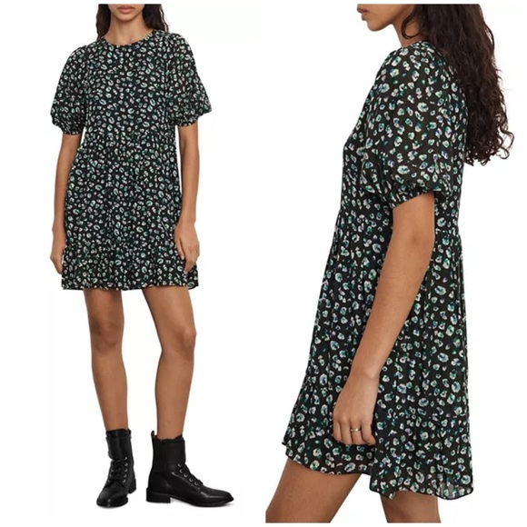 ba&sh Beth Printed Cotton Blend Voile Floral Mini Dress Black Size Large - Picture 1 of 10